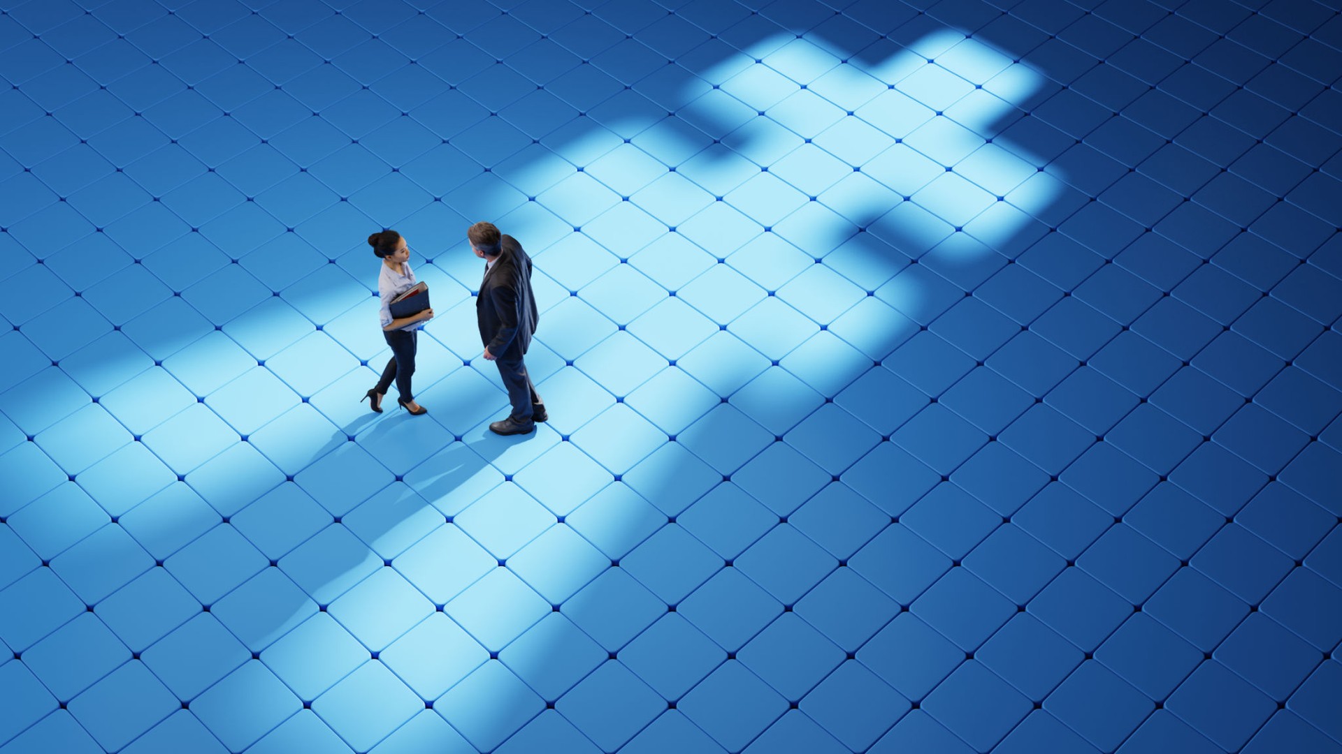 A business people standing on the Chinese yuan (CNY) or Japanese Yen sign on the floor made with light and shadow